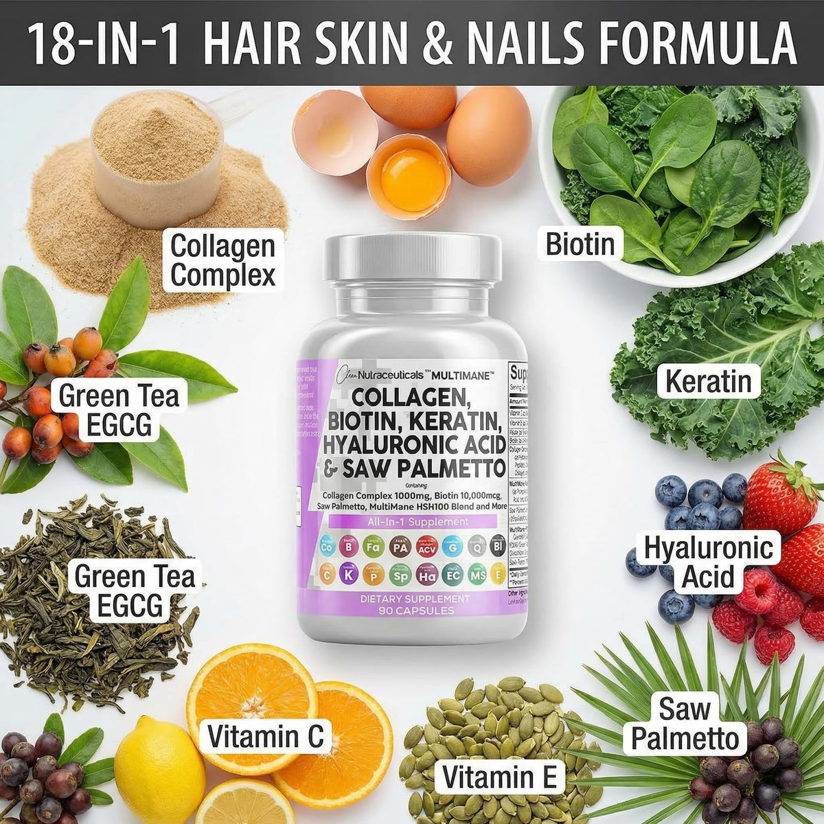 Clean Nutraceuticals Collagène 1000mg 90 Capsules ouvertes montrant les capsules