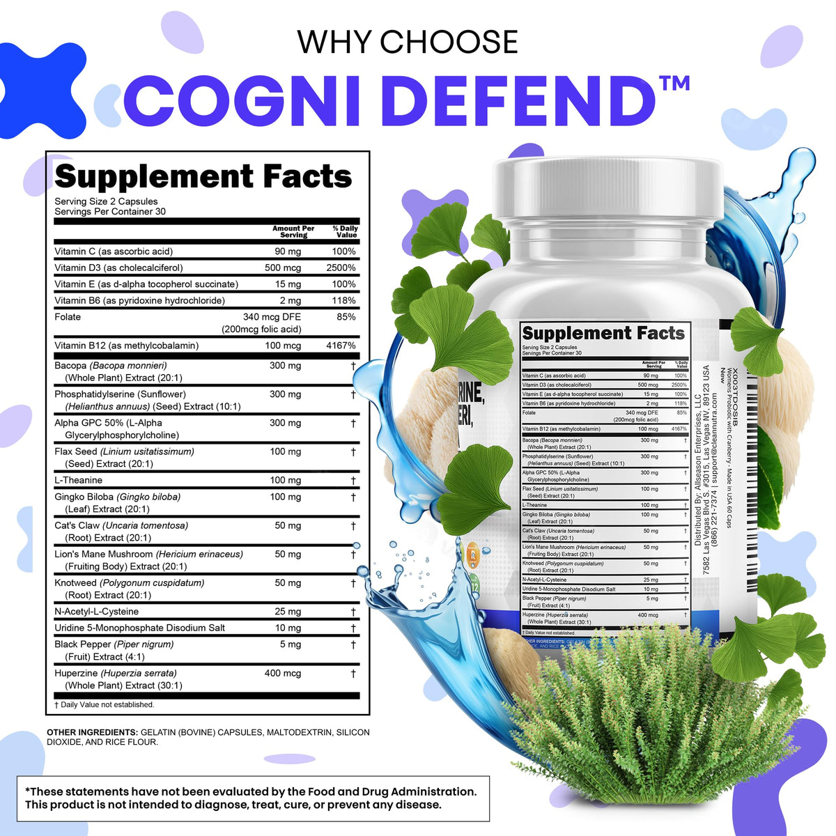 Clean Nutraceuticals Complément Alimentaire Cérébral 60 Capsules avec ingrédients listés