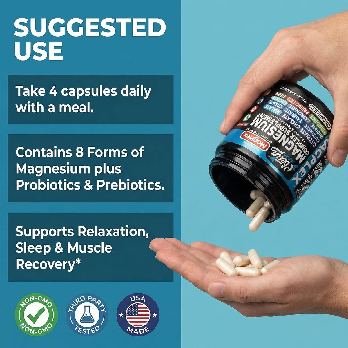 Clean Nutraceuticals Complément Alimentaire Magnésium 1000mg Vegan - capsules sur une cuillère