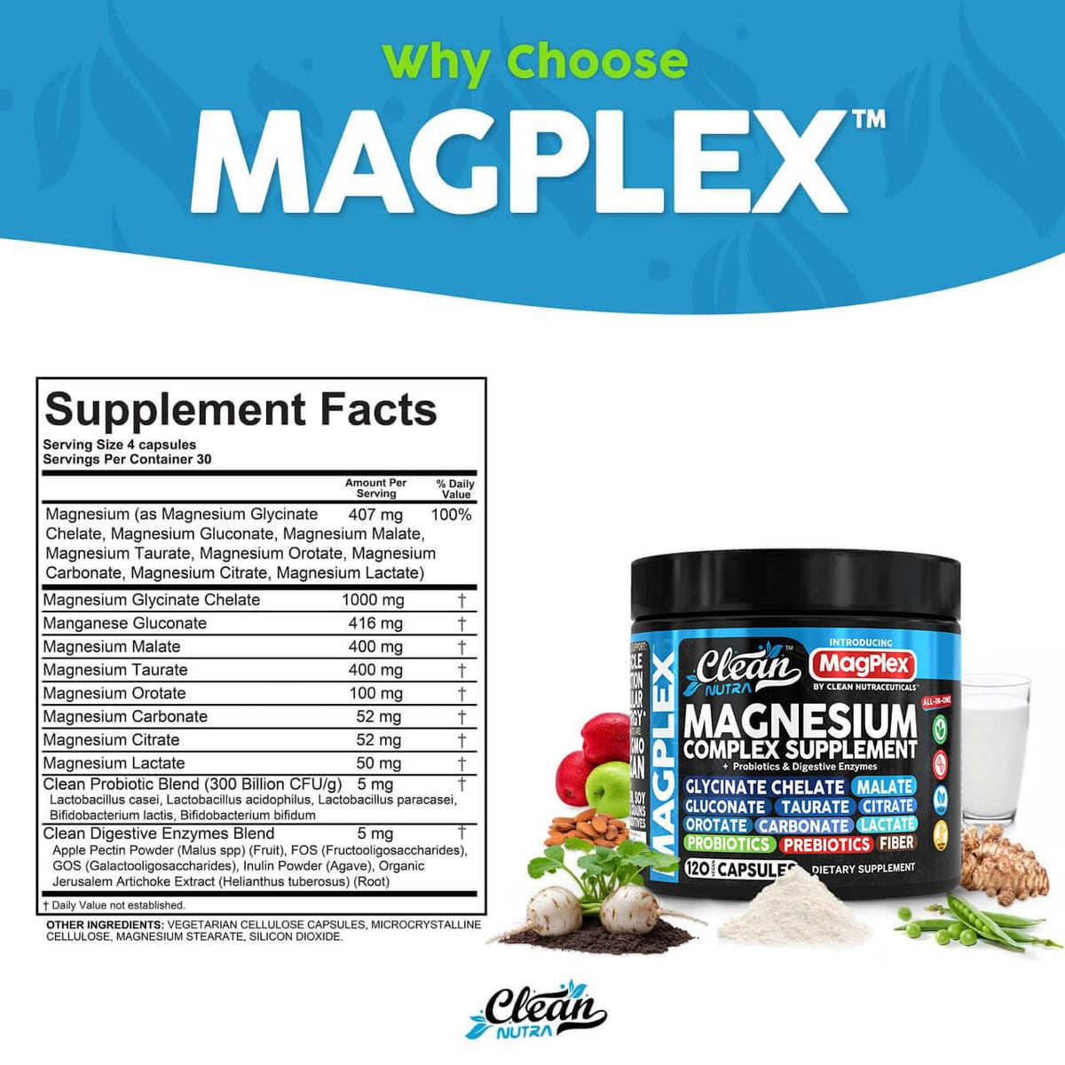 Clean Nutraceuticals Complément Alimentaire Magnésium 1000mg Vegan - présentation sur une table