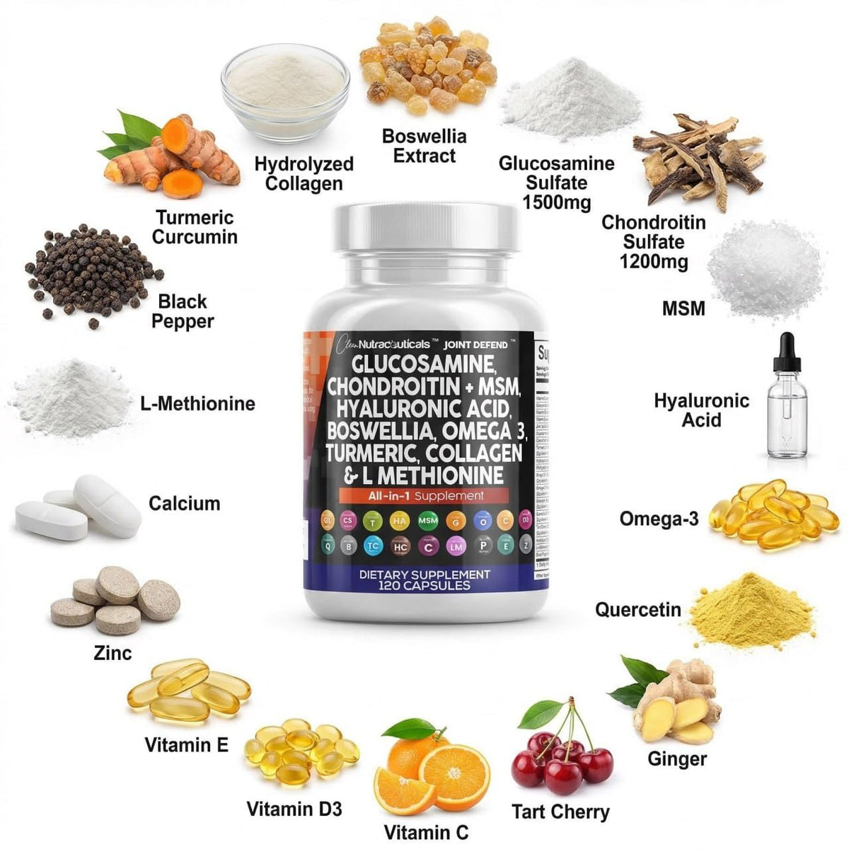 Clean Nutraceuticals complément articulaire 1500mg glucosamine 1200mg chondroïtine avec capsule ouverte