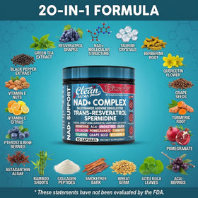 Clean Nutraceuticals Complément NAD Resvératrol 90 Capsules à côté d'un verre d'eau