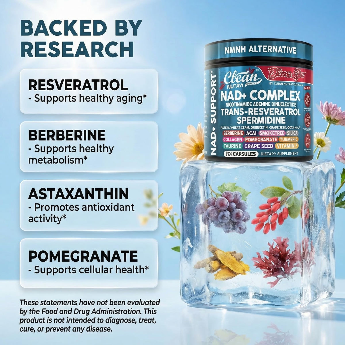 Clean Nutraceuticals Complément NAD Resvératrol 90 Capsules avec étiquette détaillée