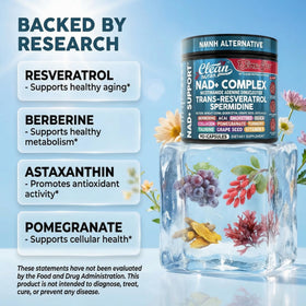 Clean Nutraceuticals Complément NAD Resvératrol 90 Capsules avec étiquette détaillée