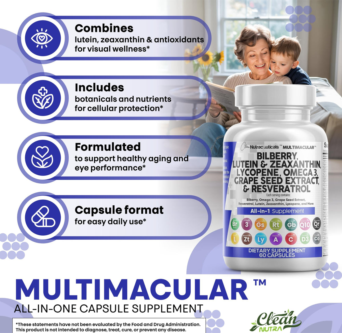 Clean Nutraceuticals Compléments Alimentaires Œil avec ingrédients clés