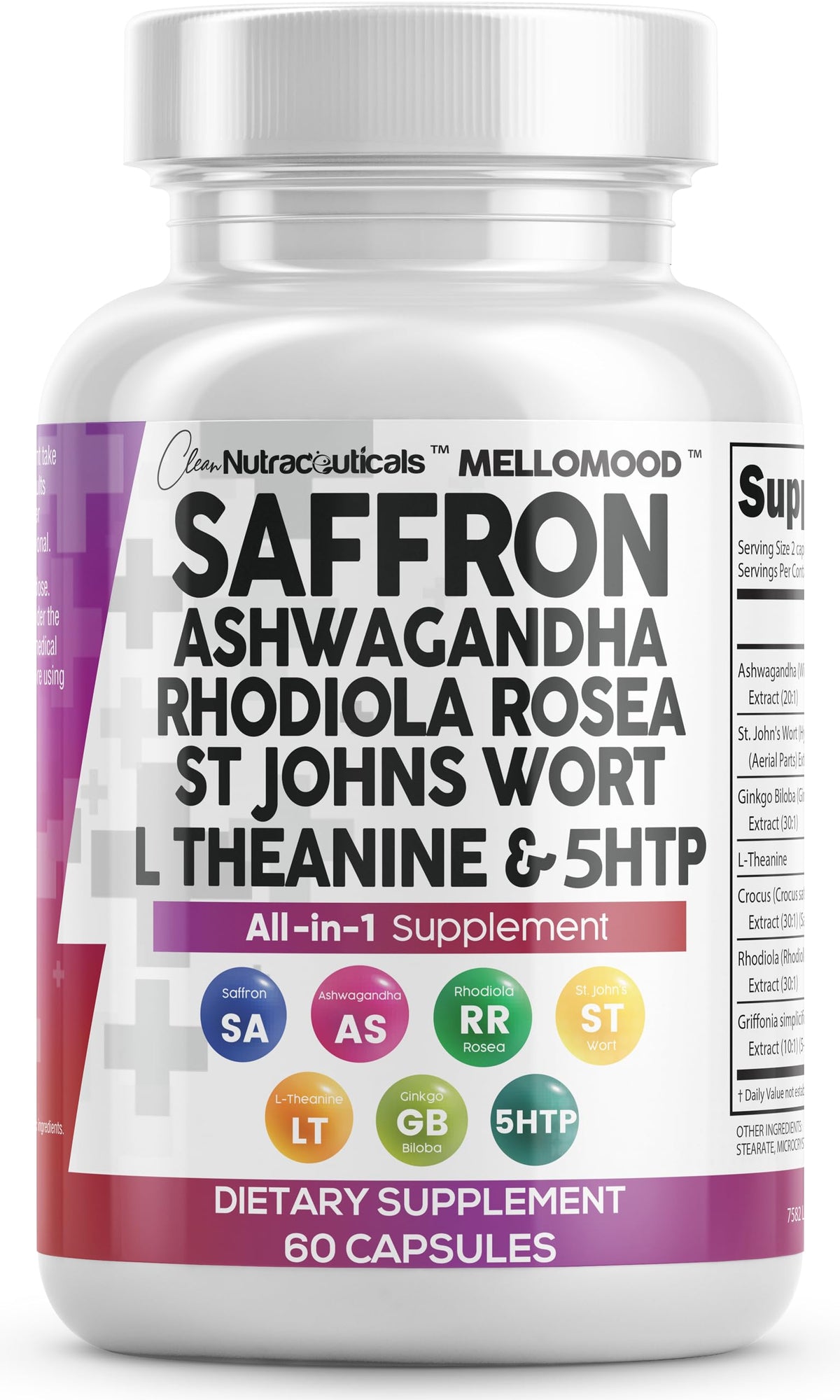 Clean Nutraceuticals Compléments Alimentaires Safran 100mg et Ashwagandha 200mg, vue de face