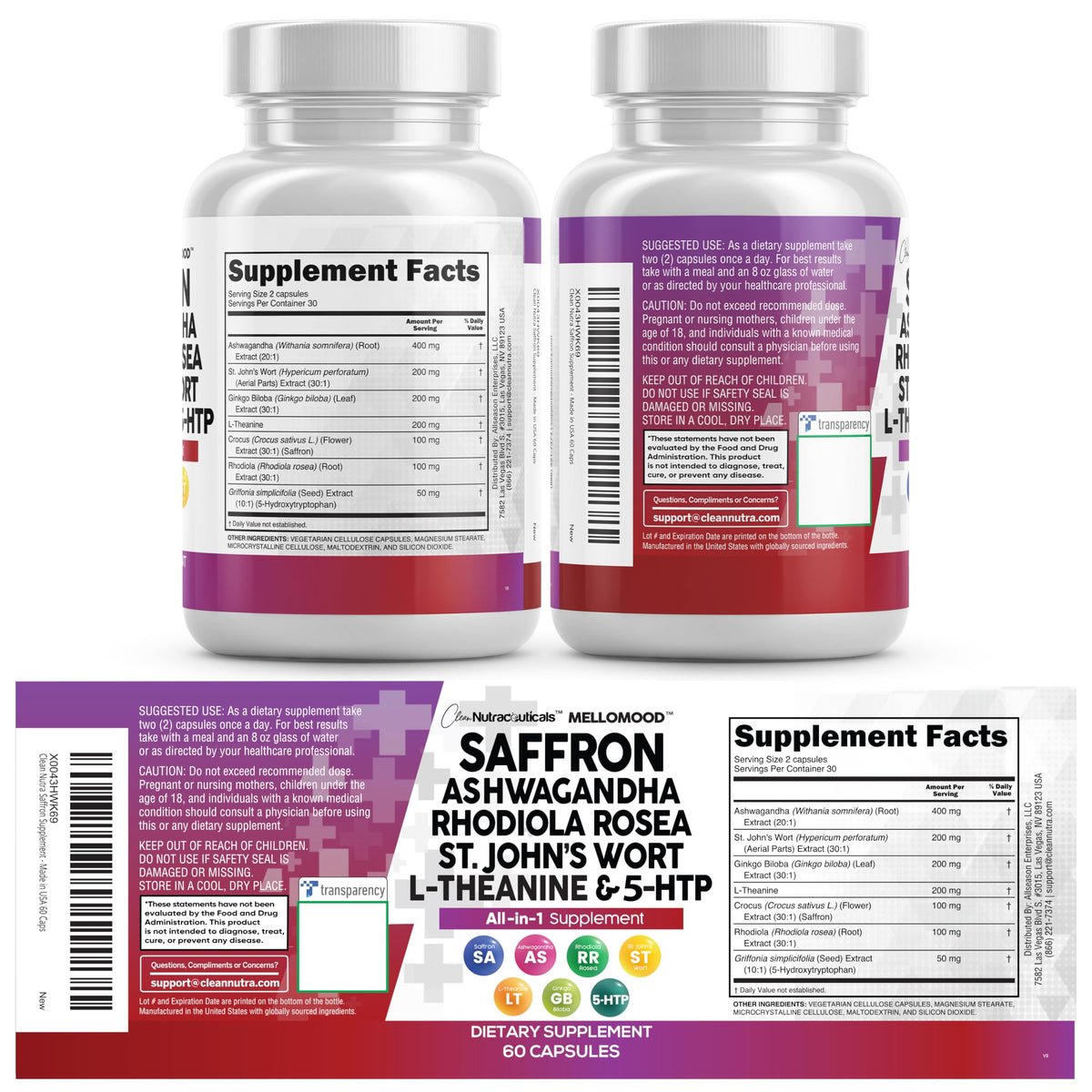 Clean Nutraceuticals Compléments Alimentaires Safran 100mg et Ashwagandha 200mg, emballage ouvert