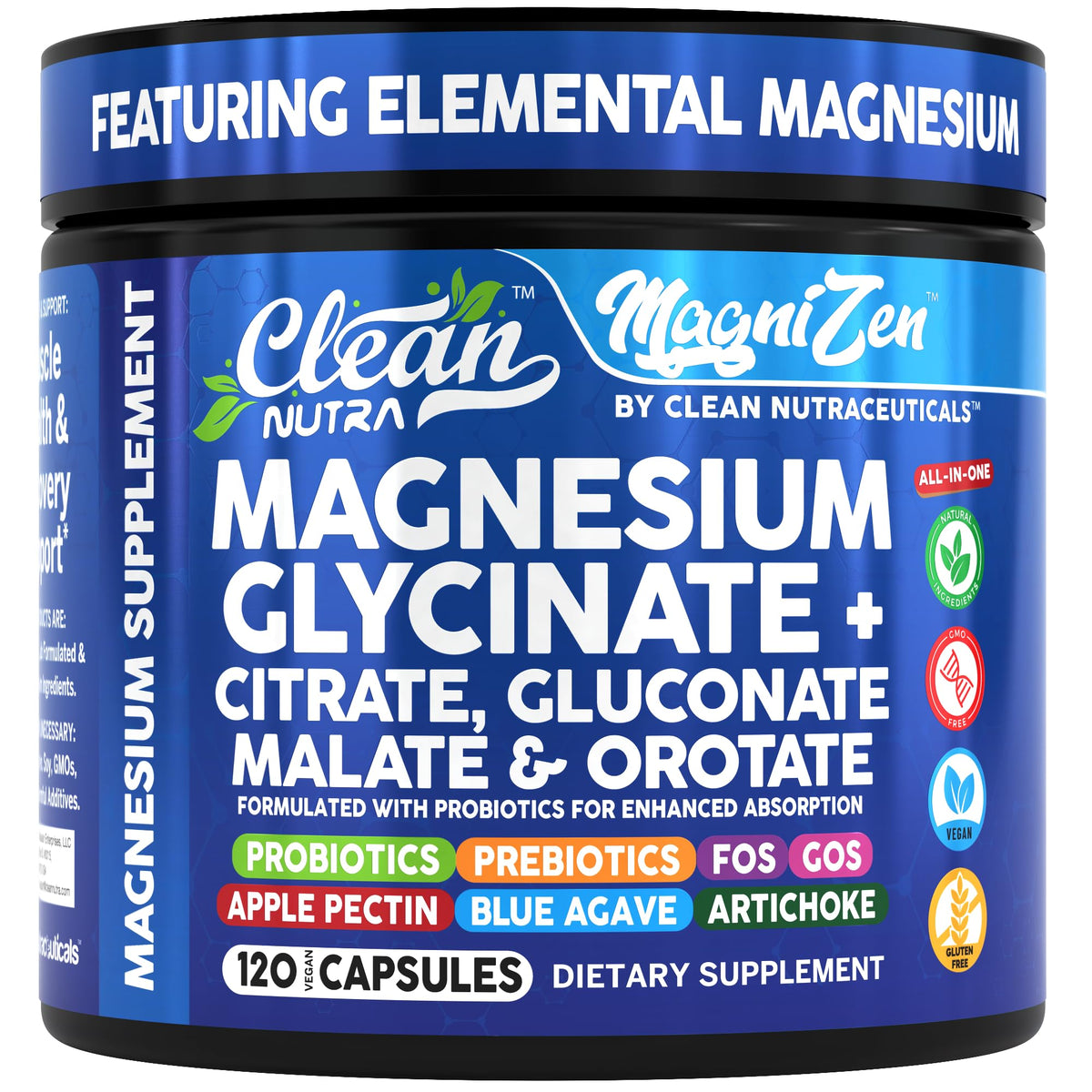 Clean Nutraceuticals Complex de Magnésium Glycinate 120 capsules végétales, vue de face