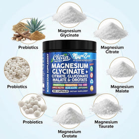 Clean Nutraceuticals Complex de Magnésium Glycinate, capsules sur une surface blanche