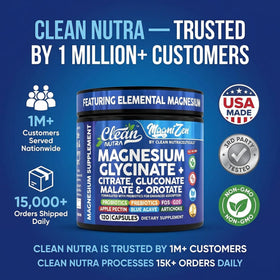 Clean Nutraceuticals Complex de Magnésium Glycinate, flacon sur une table en bois