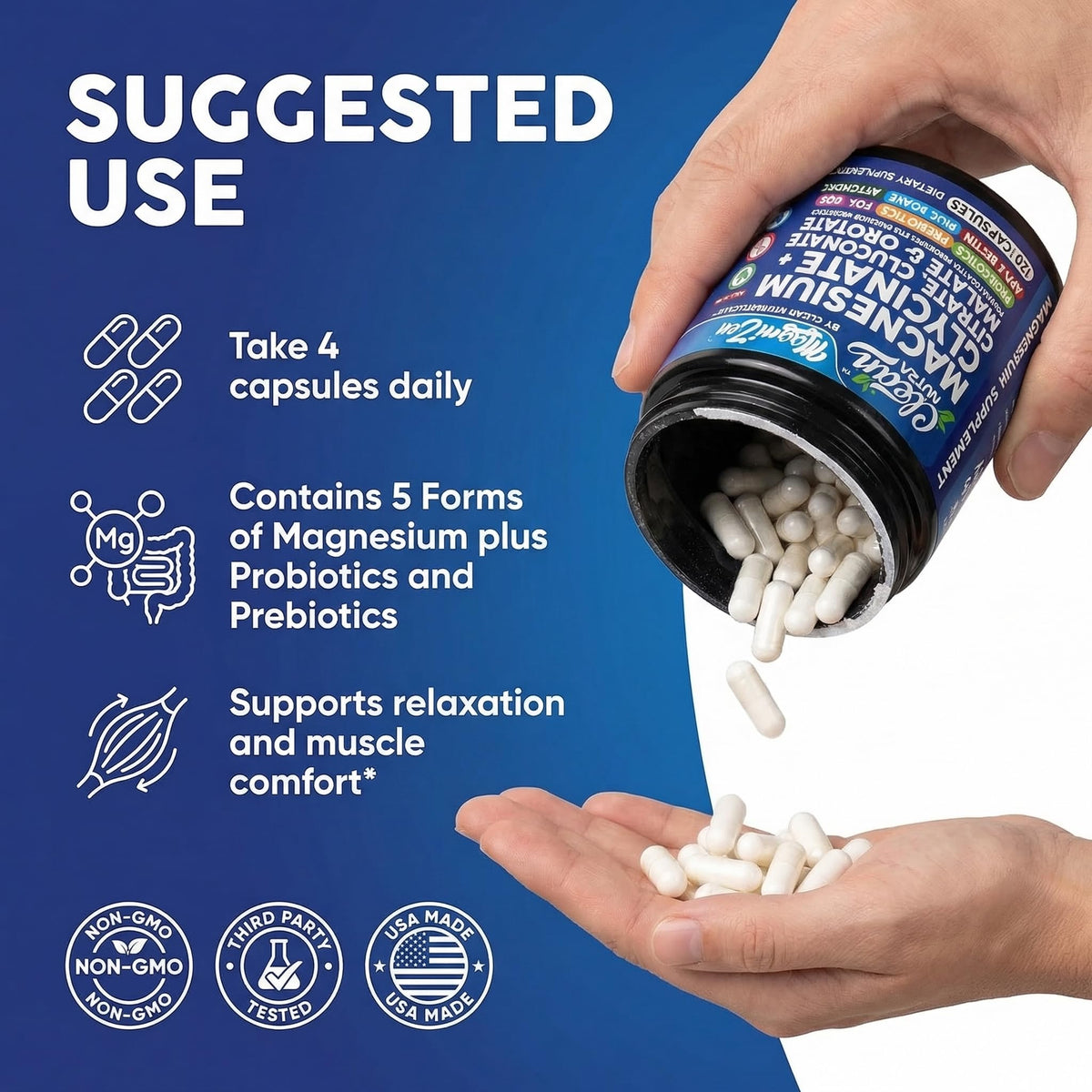Clean Nutraceuticals Complex de Magnésium Glycinate, vue de profil du flacon