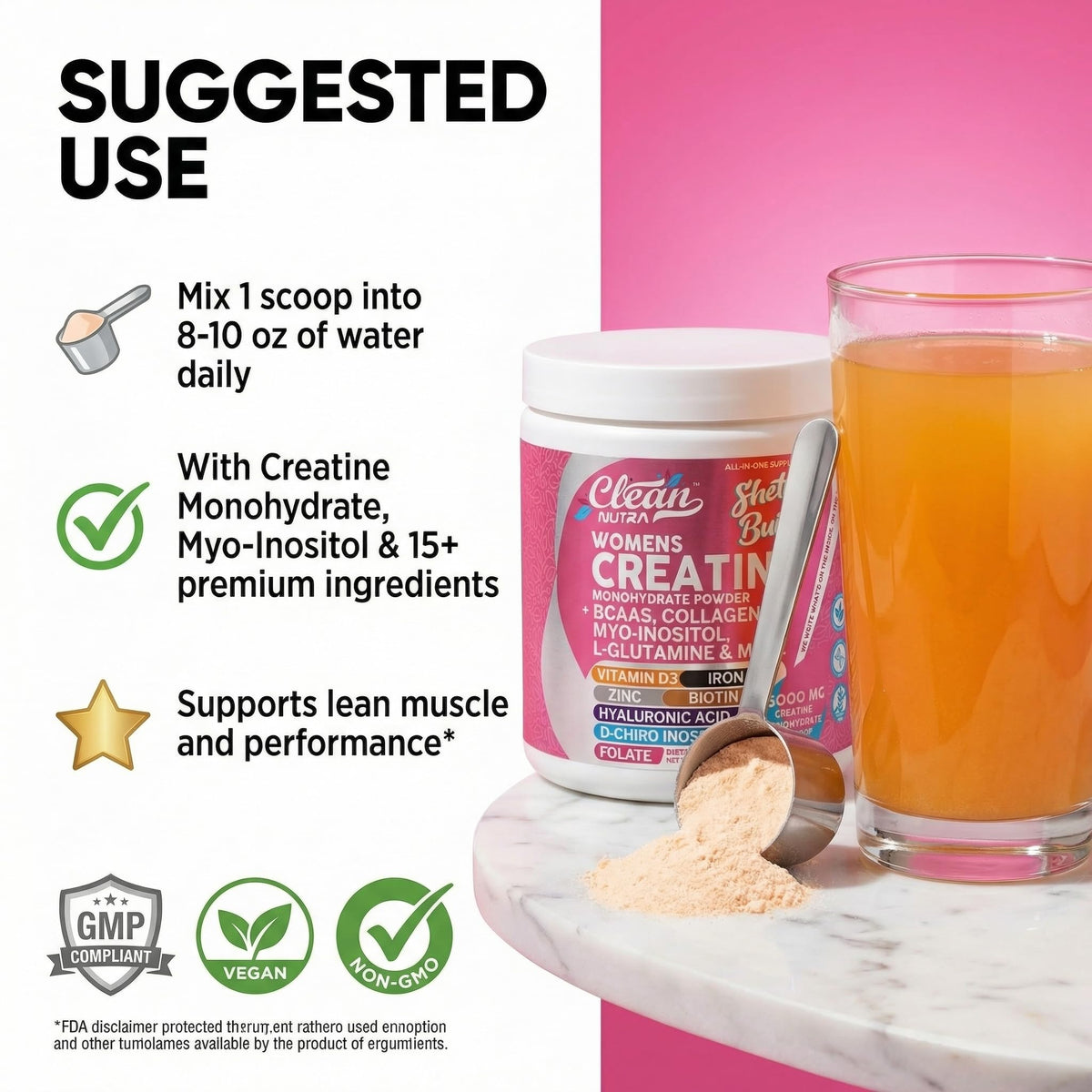 Clean Nutraceuticals Créatine pour Femmes 340g avec shaker