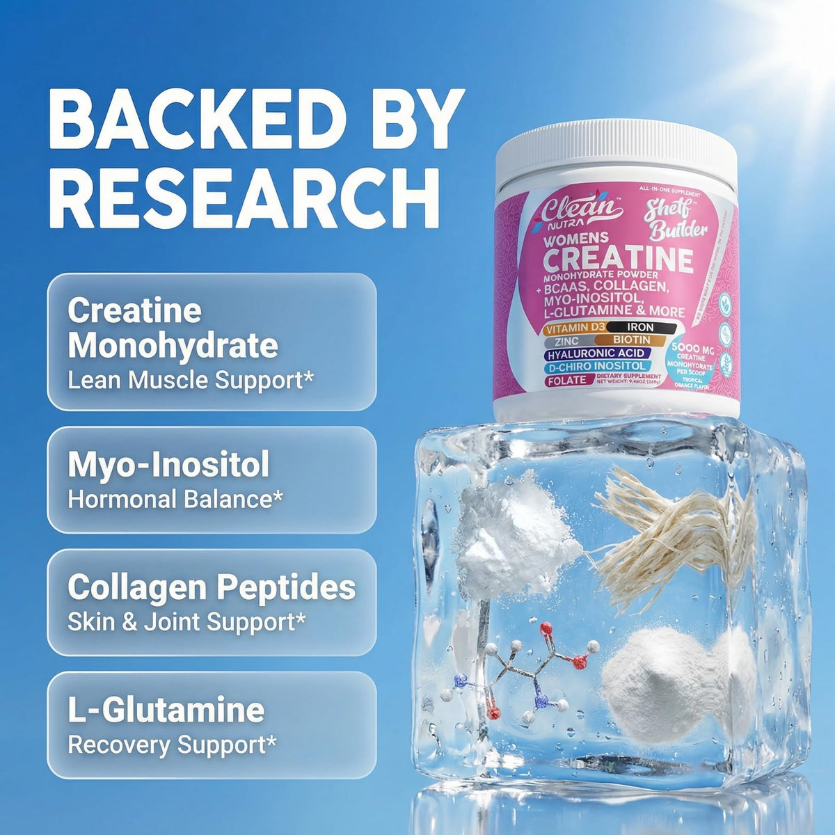 Clean Nutraceuticals Créatine pour Femmes 340g vue de côté