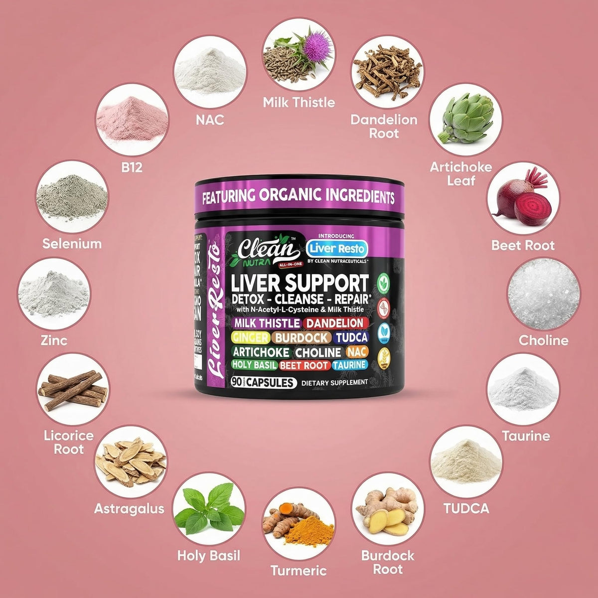 Clean Nutraceuticals Détox Foie à côté d'ingrédients naturels