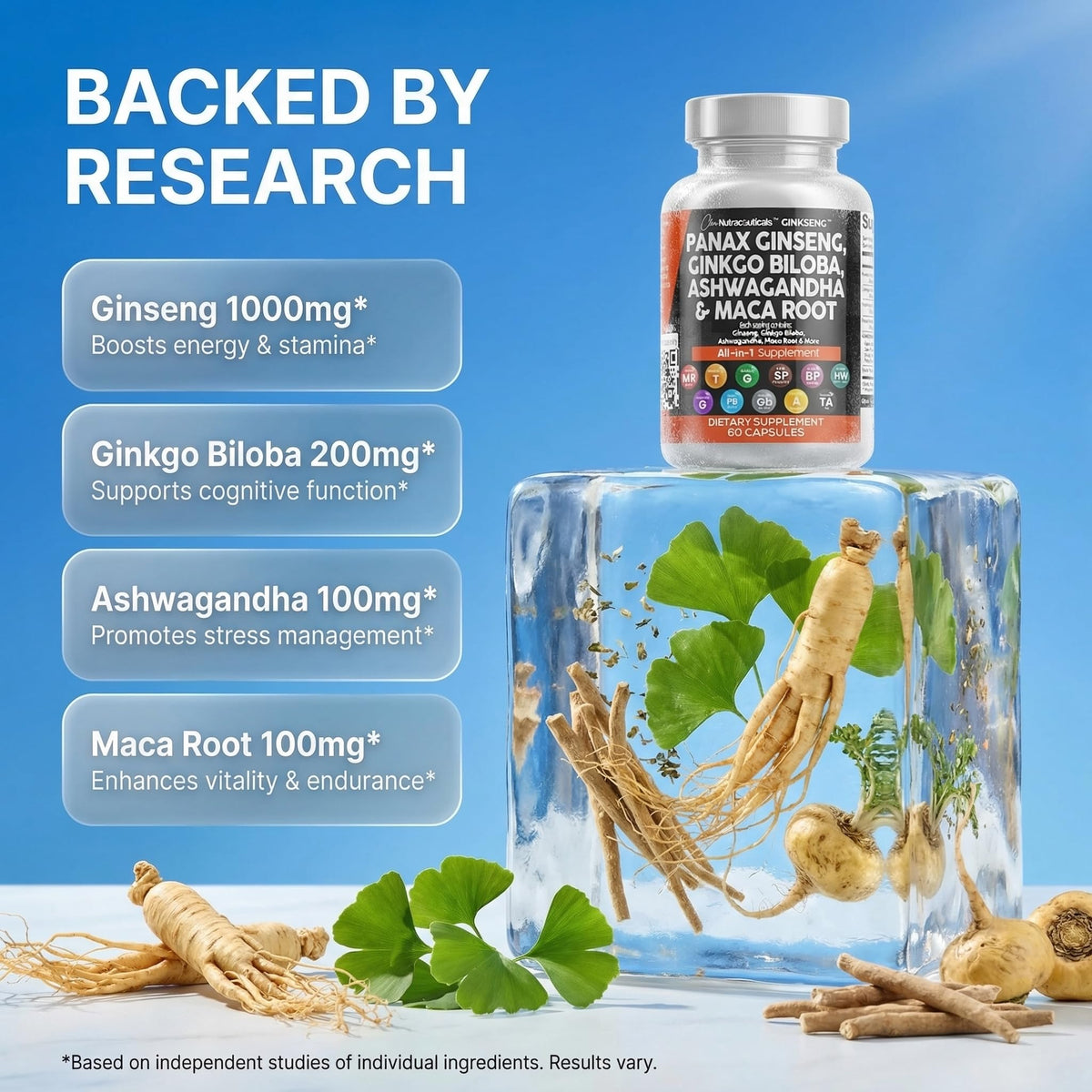 Clean Nutraceuticals Ginkseng 60 capsules sur un fond blanc