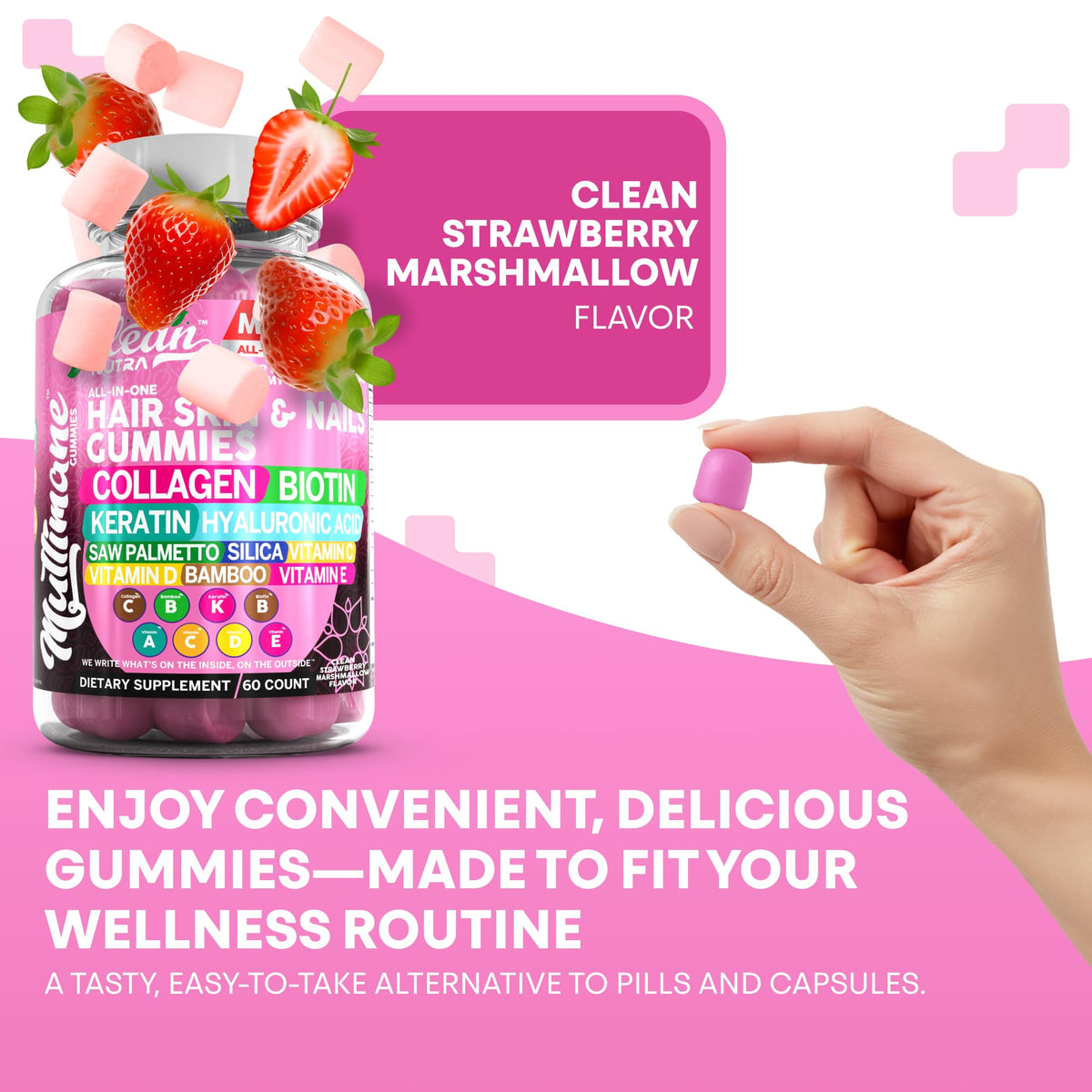 Clean Nutraceuticals Gummies Biotine Collagène Kératine 440g en gros plan sur la texture
