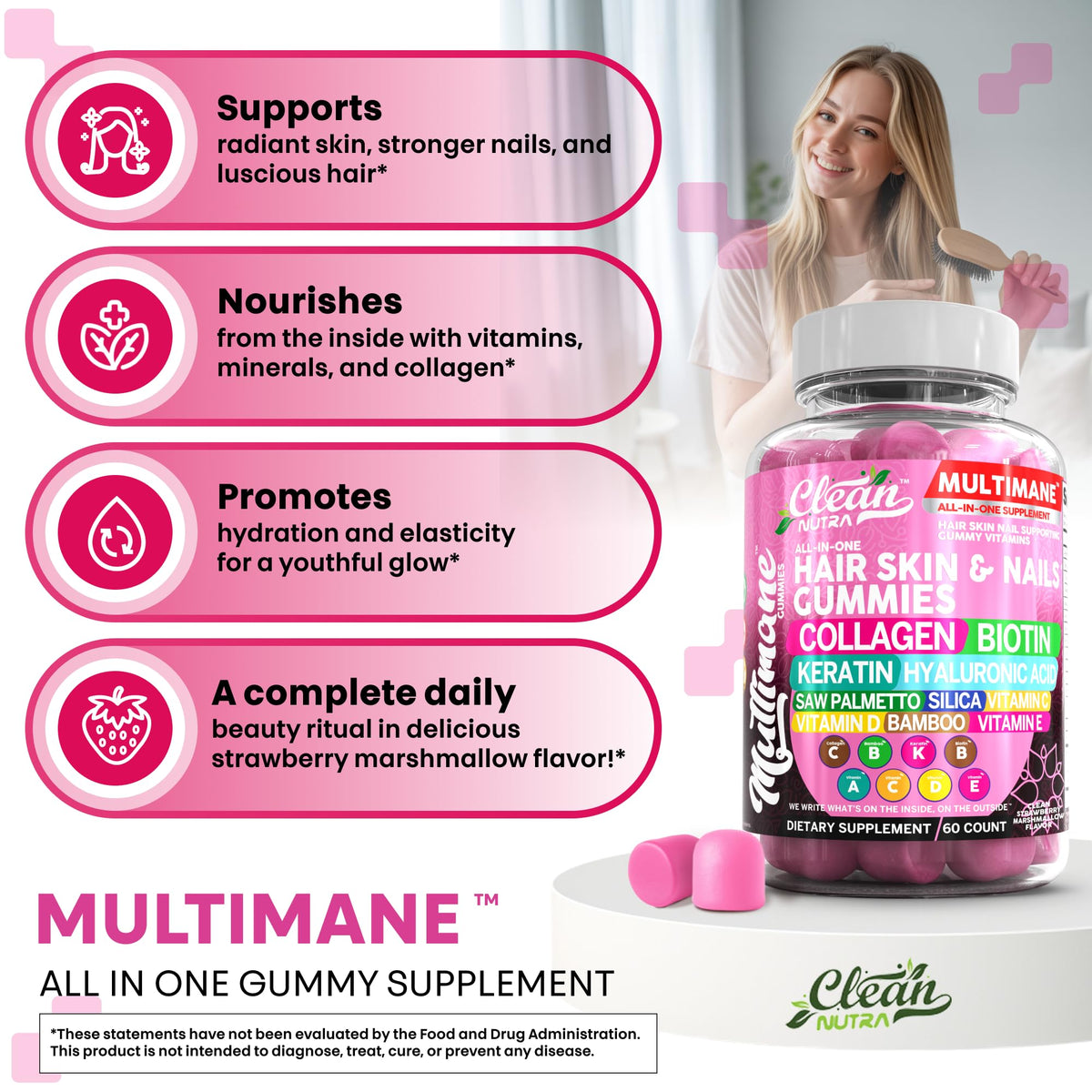 Clean Nutraceuticals Gummies Biotine Collagène Kératine 440g mise en scène sur un fond naturel