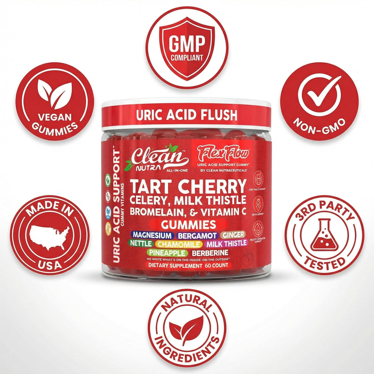 Clean Nutraceuticals Gummies Cerise Acide Urique 60 Gummies sur une assiette