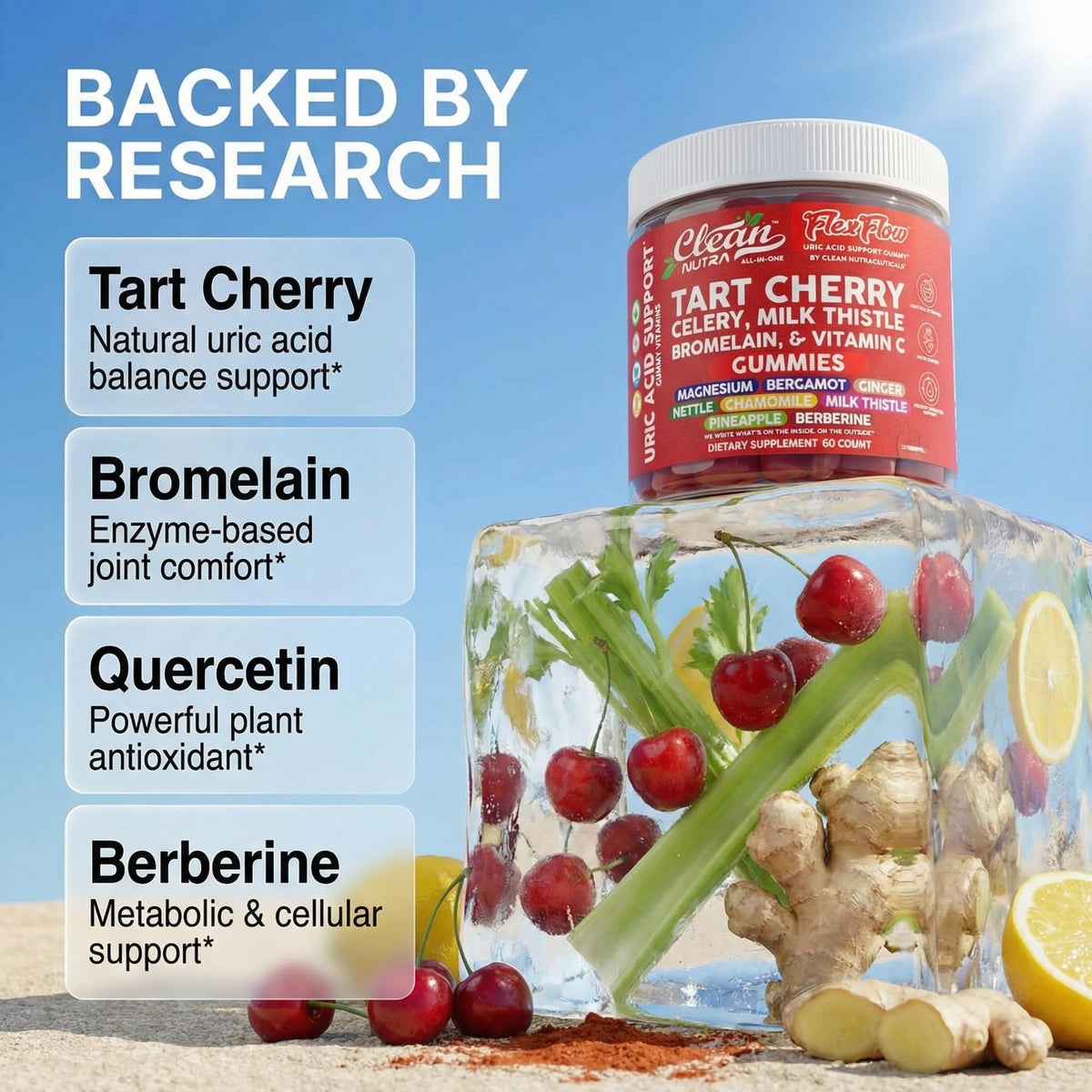 Clean Nutraceuticals Gummies Cerise Acide Urique 60 Gummies sur une table