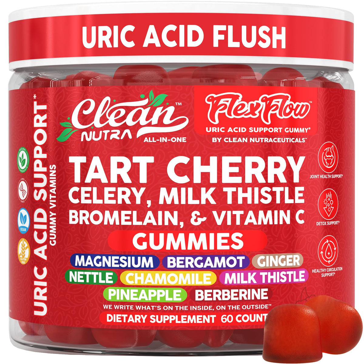 Clean Nutraceuticals Gummies Cerise Acide Urique 60 Gummies vue de face
