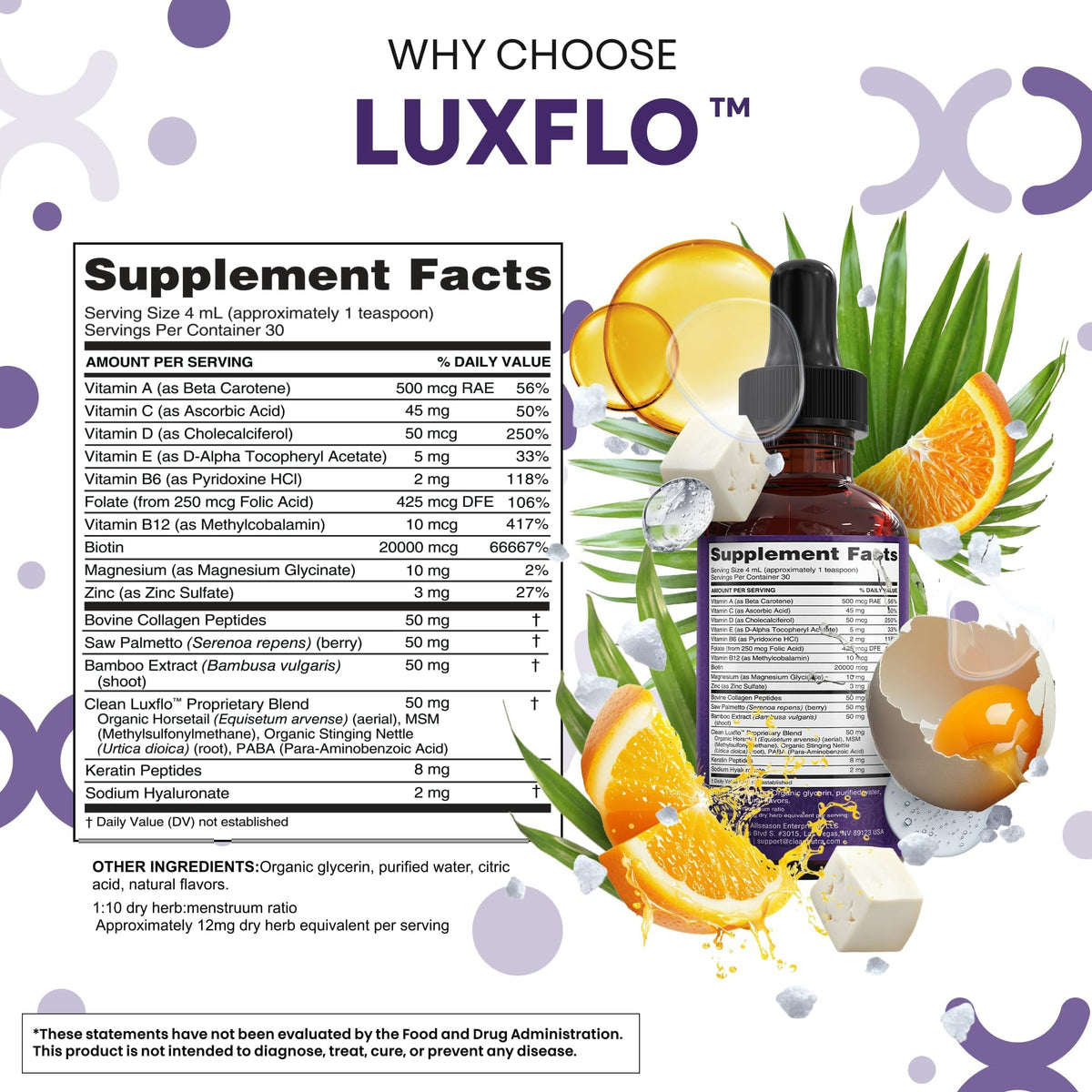 Clean Nutraceuticals LuxFlo complément alimentaire liquide sur fond blanc