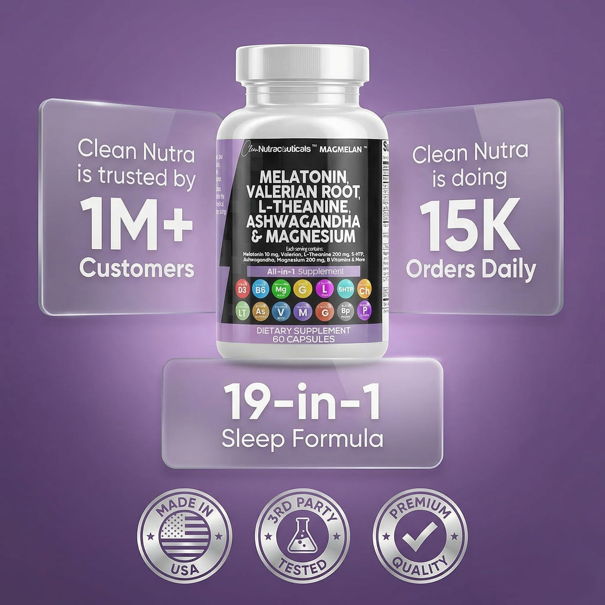 Clean Nutraceuticals MagMelan 10mg Mélatonine 200mg L-Théanine capsules avec d'autres compléments