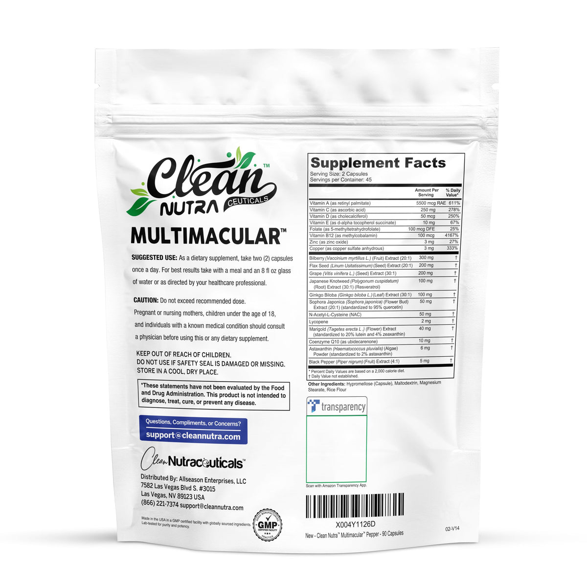 Clean Nutraceuticals Multimacular 90 capsules avec ingrédients en arrière-plan