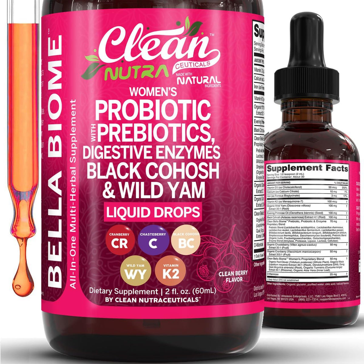 Clean Nutraceuticals Probiotiques pour femmes gouttes, vue de face