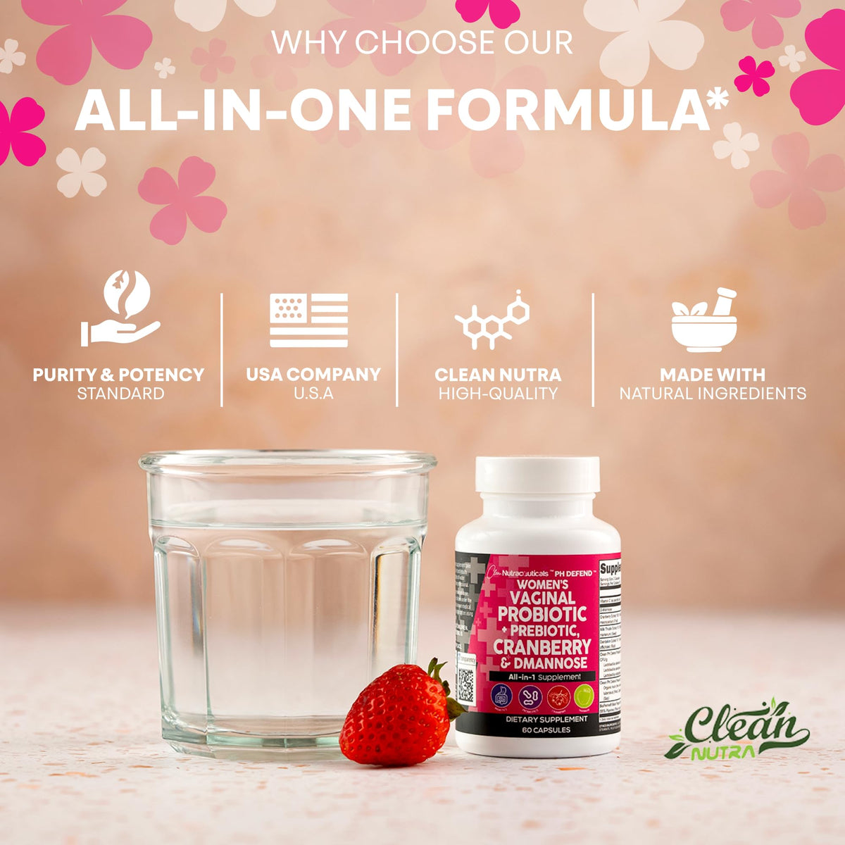 Clean Nutraceuticals Probiotiques Vaginales, mise en scène avec des fruits