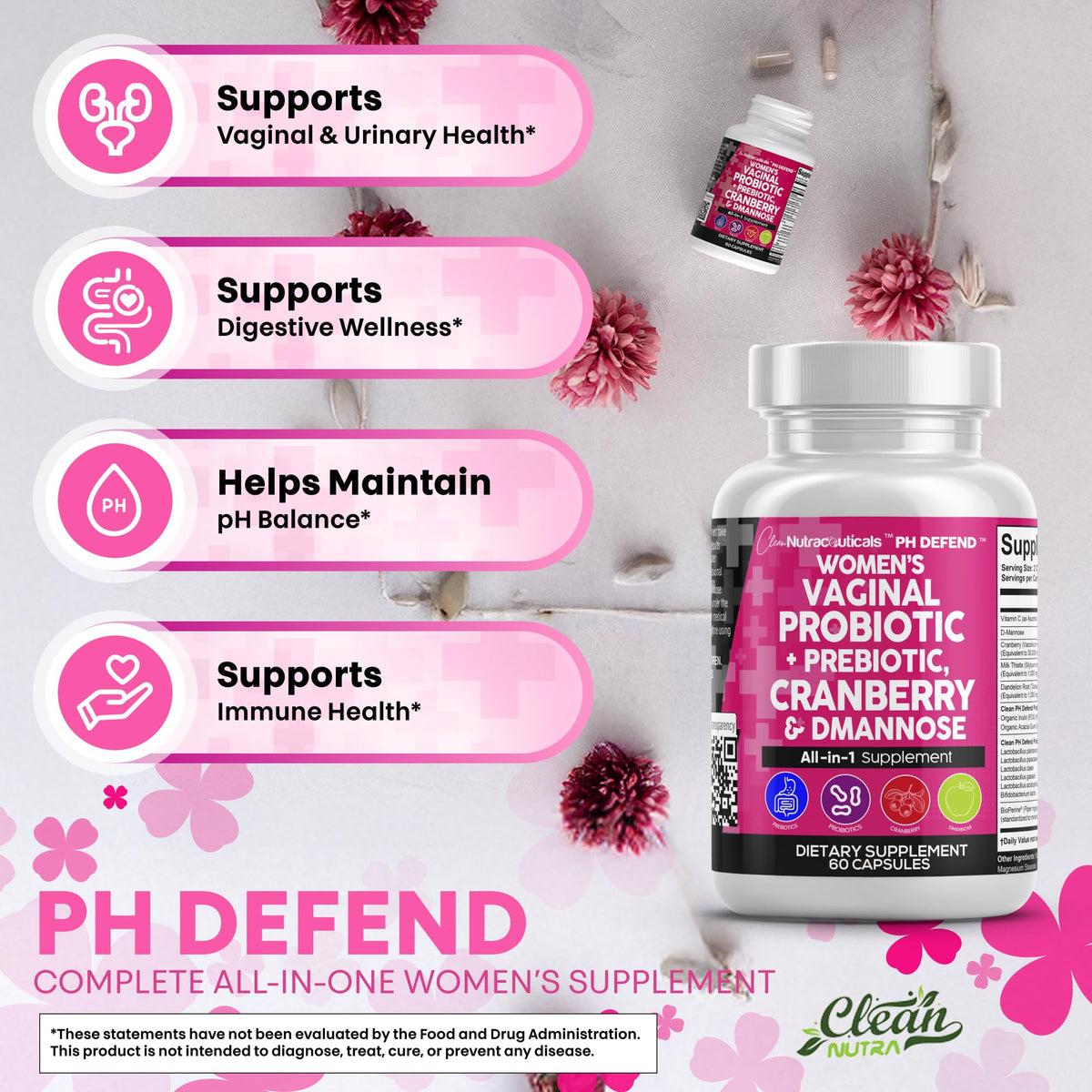Clean Nutraceuticals Probiotiques Vaginales, vue arrière de l'emballage