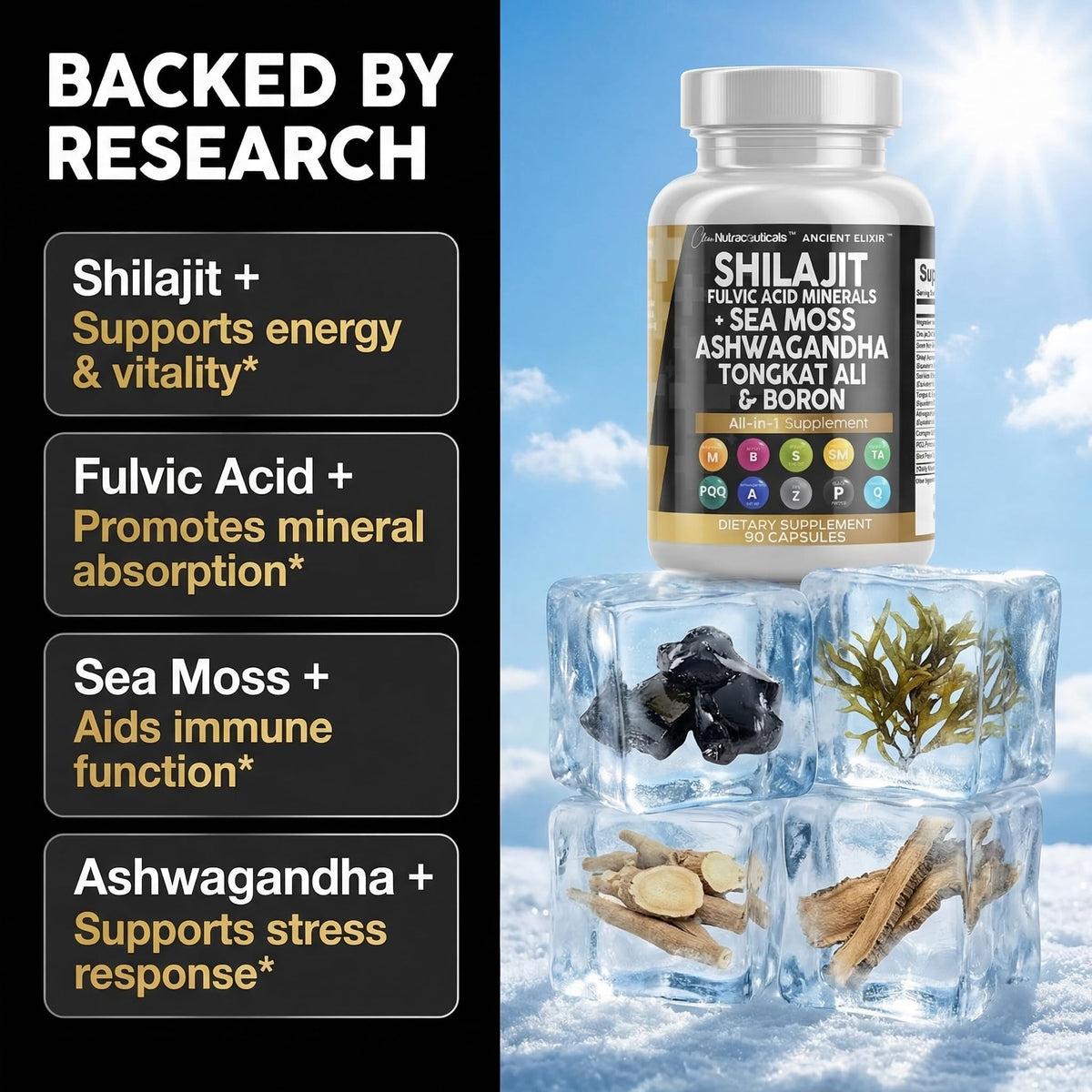 Clean Nutraceuticals Shilajit complément alimentaire capsules sur fond blanc