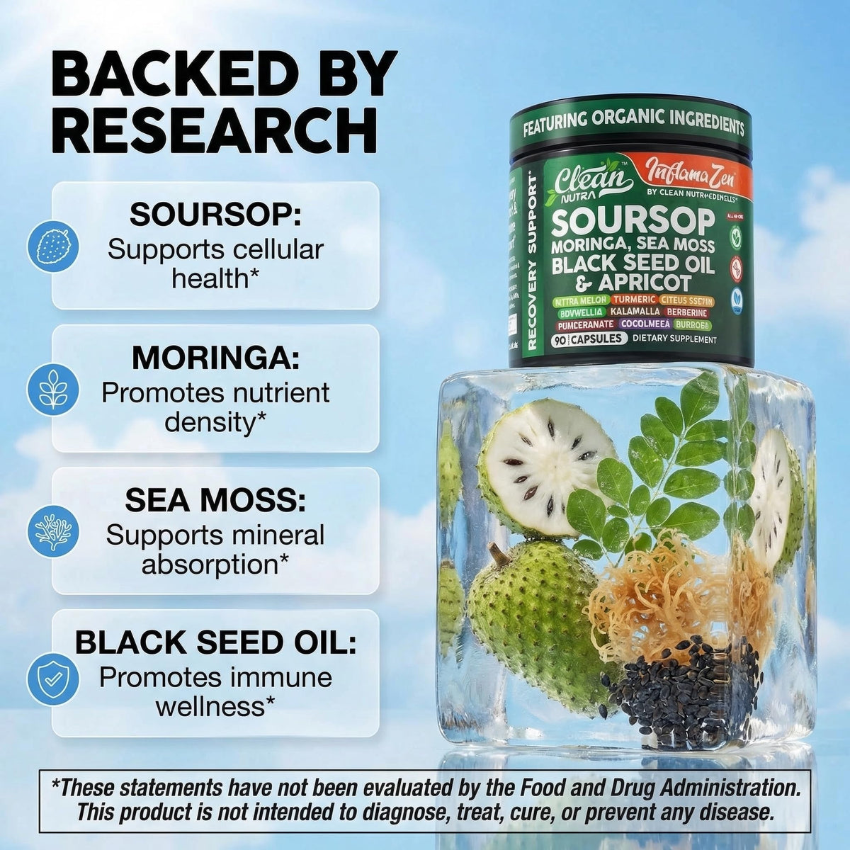 Clean Nutraceuticals Soursop capsules ouvertes sur une table