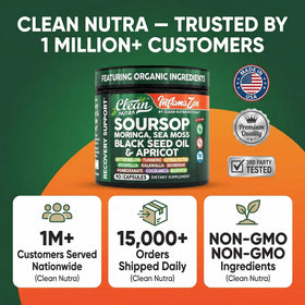Clean Nutraceuticals Soursop sur une table avec d'autres produits de santé