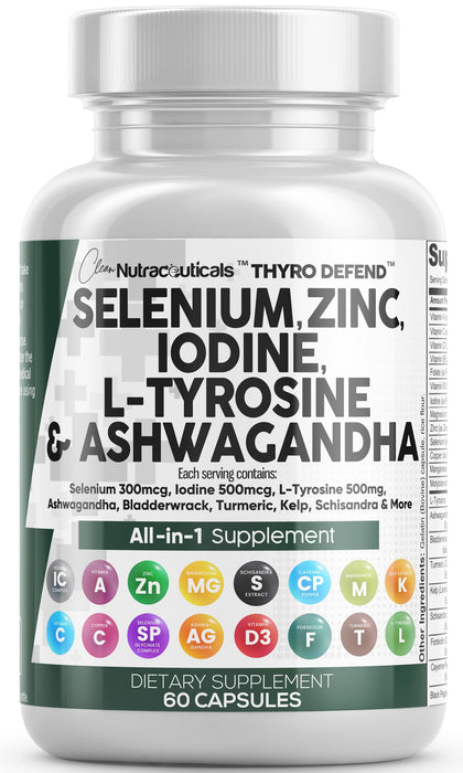 Clean Nutraceuticals ThyroDefend complexe 300mcg sélénium 500mcg iode - vue de face