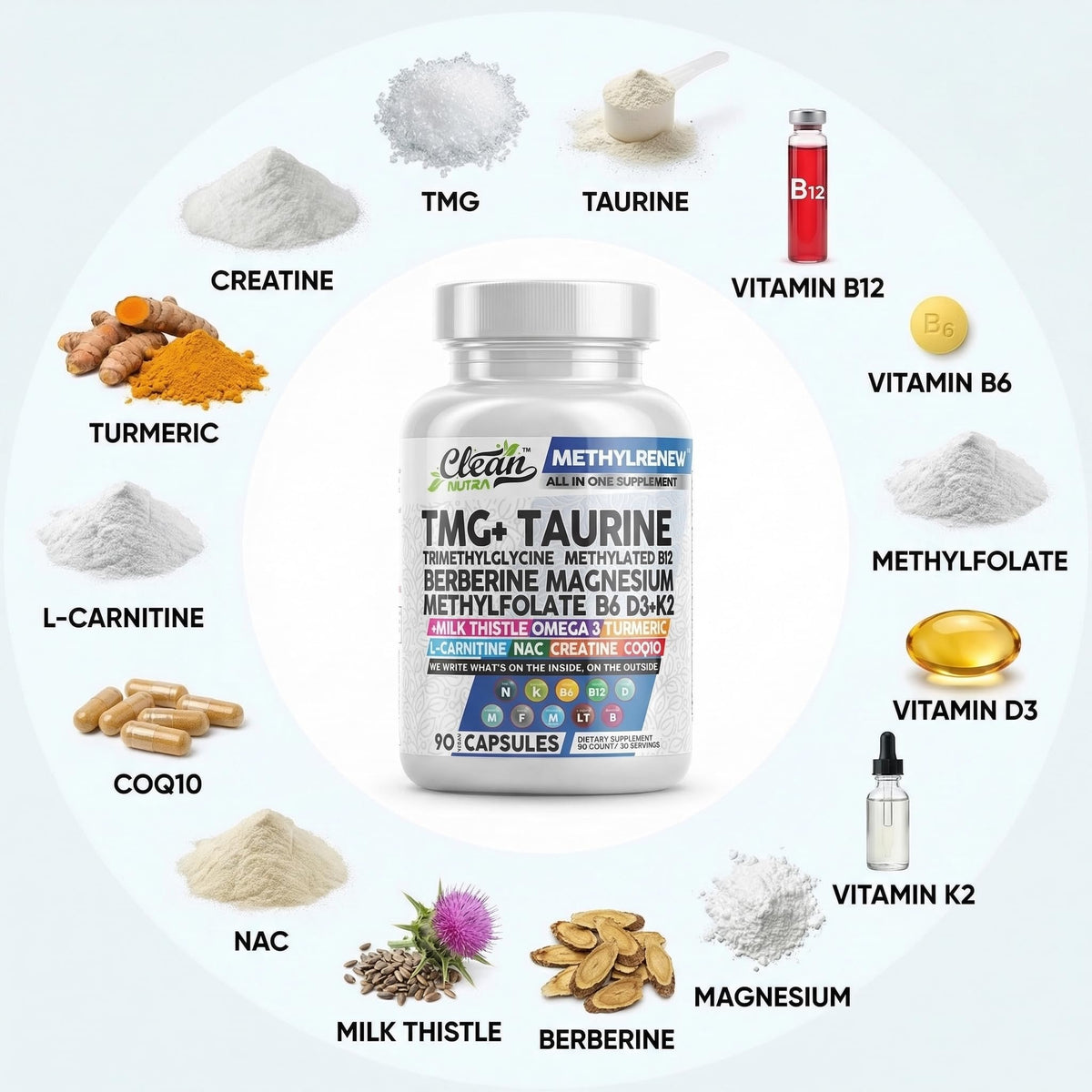 Clean Nutraceuticals TMG 1000mg ingrédients principaux listés