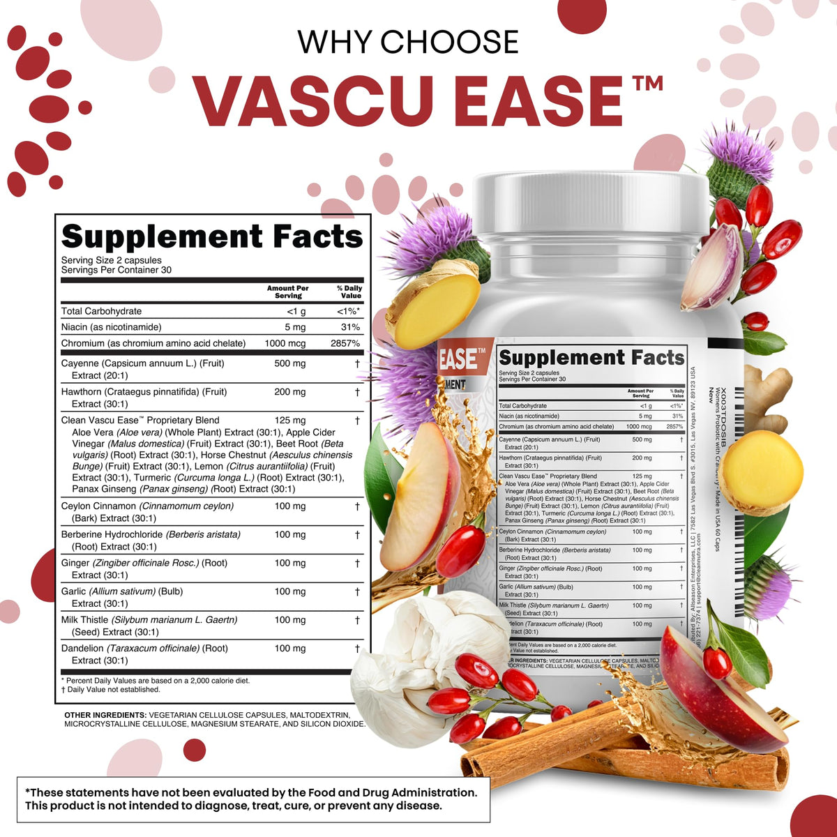 Clean Nutraceuticals Vascu Ease capsules, présentation avec des herbes