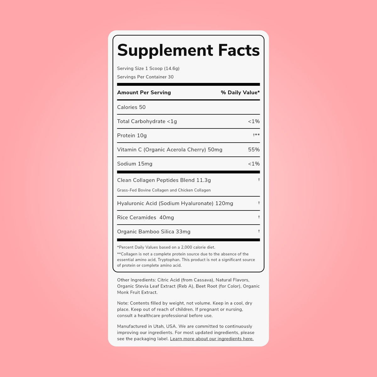 Clean Simple Eats Collagen + Beauty Blend Strawberry Colada 408g dos de l'emballage