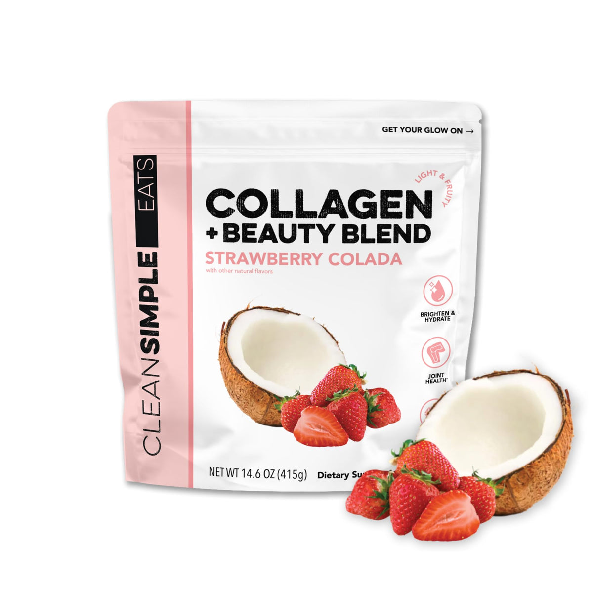 Clean Simple Eats Collagen + Beauty Blend Strawberry Colada 408g face avant