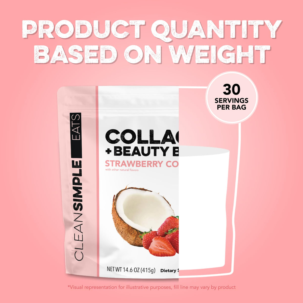 Clean Simple Eats Collagen + Beauty Blend Strawberry Colada 408g sur un plan de travail