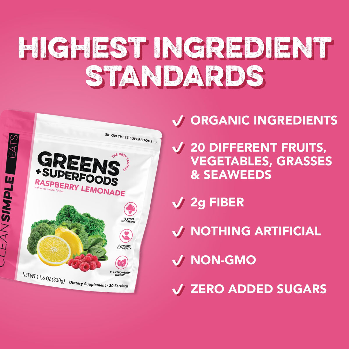 Clean Simple Eats Super Greens Poudre Framboise Citronnade 390g étiquette détaillée