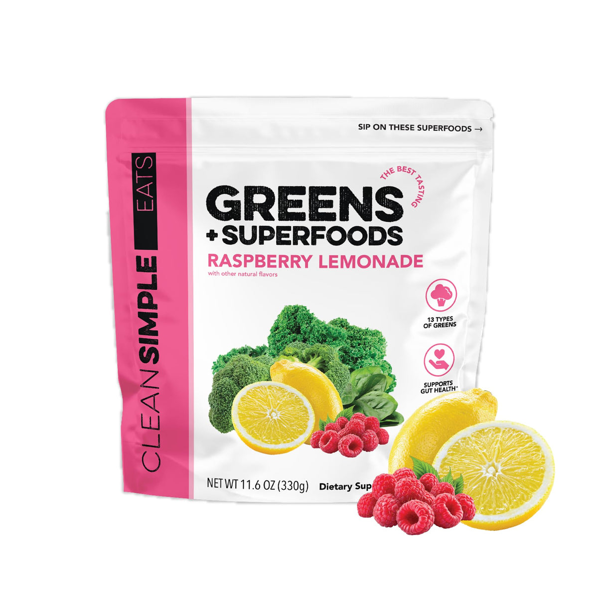 Clean Simple Eats Super Greens Poudre Framboise Citronnade 390g vue de face