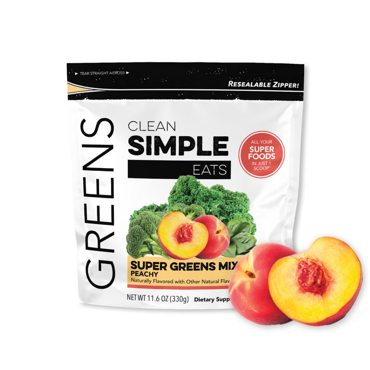 Clean Simple Eats Super Greens Poudre saveur pêches, vue avant