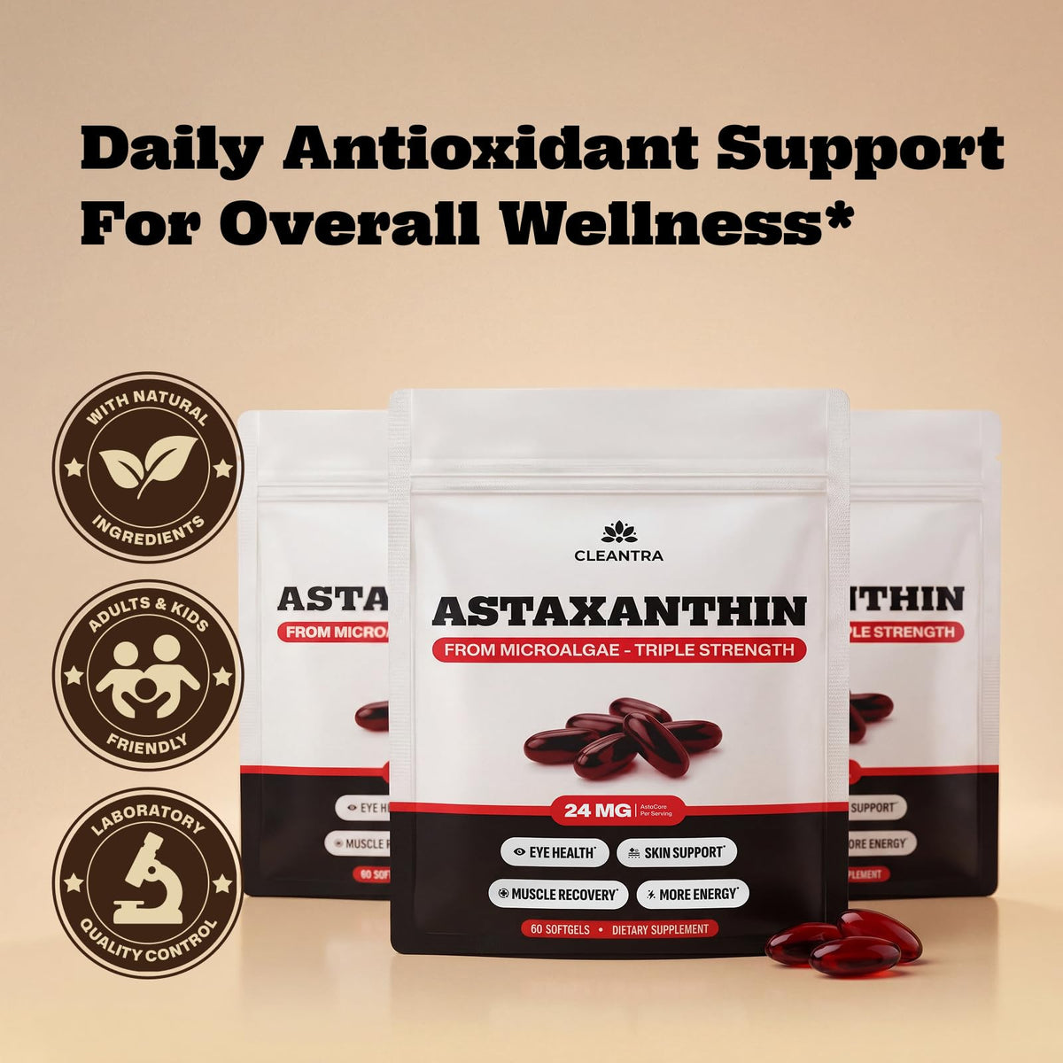 Cleantra Astaxanthine 24mg avec des ingrédients naturels en arrière-plan