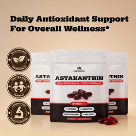 Cleantra Astaxanthine 24mg avec des ingrédients naturels en arrière-plan