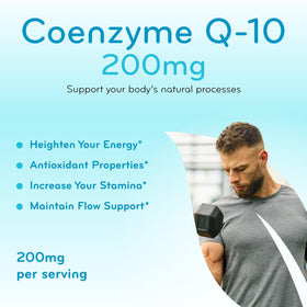 Clear Formulas CoQ10 200mg capsules on a wooden table