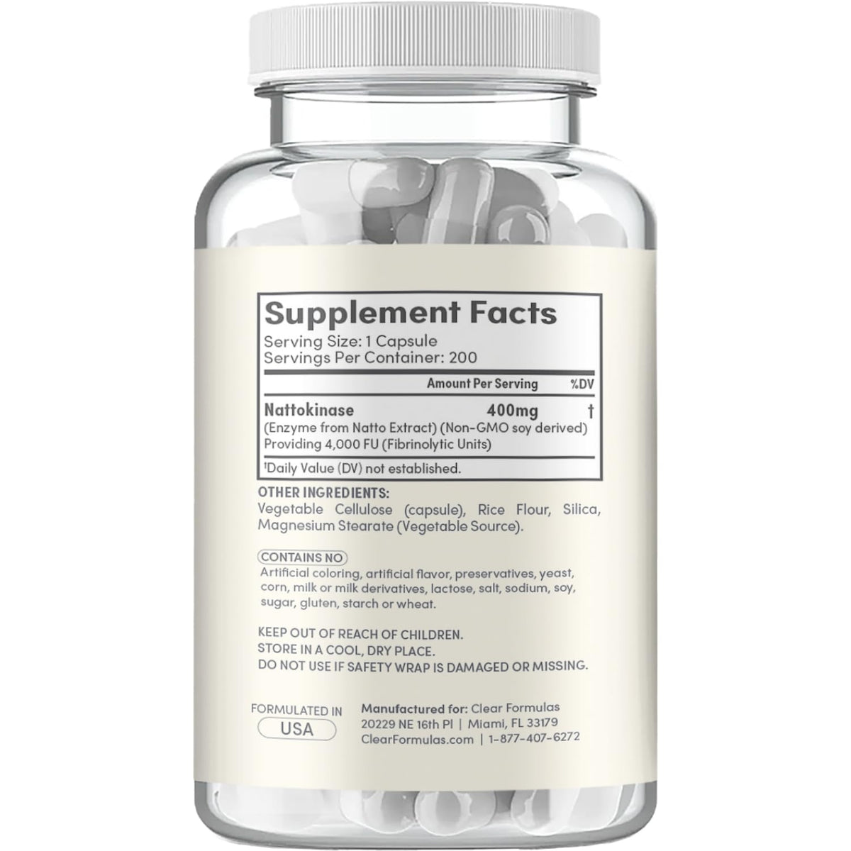 Clear Formulas Nattokinase 4000 FU, vue de côté avec dosage