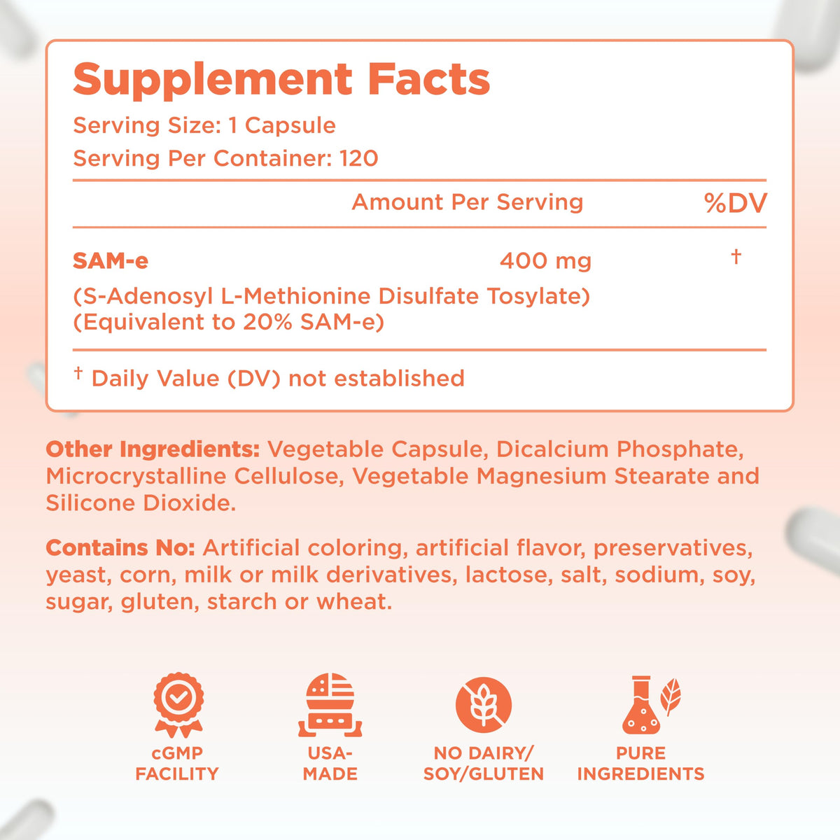 Clear Formulas SAM-e 400mg Complément Alimentaire Vegan, vue latérale