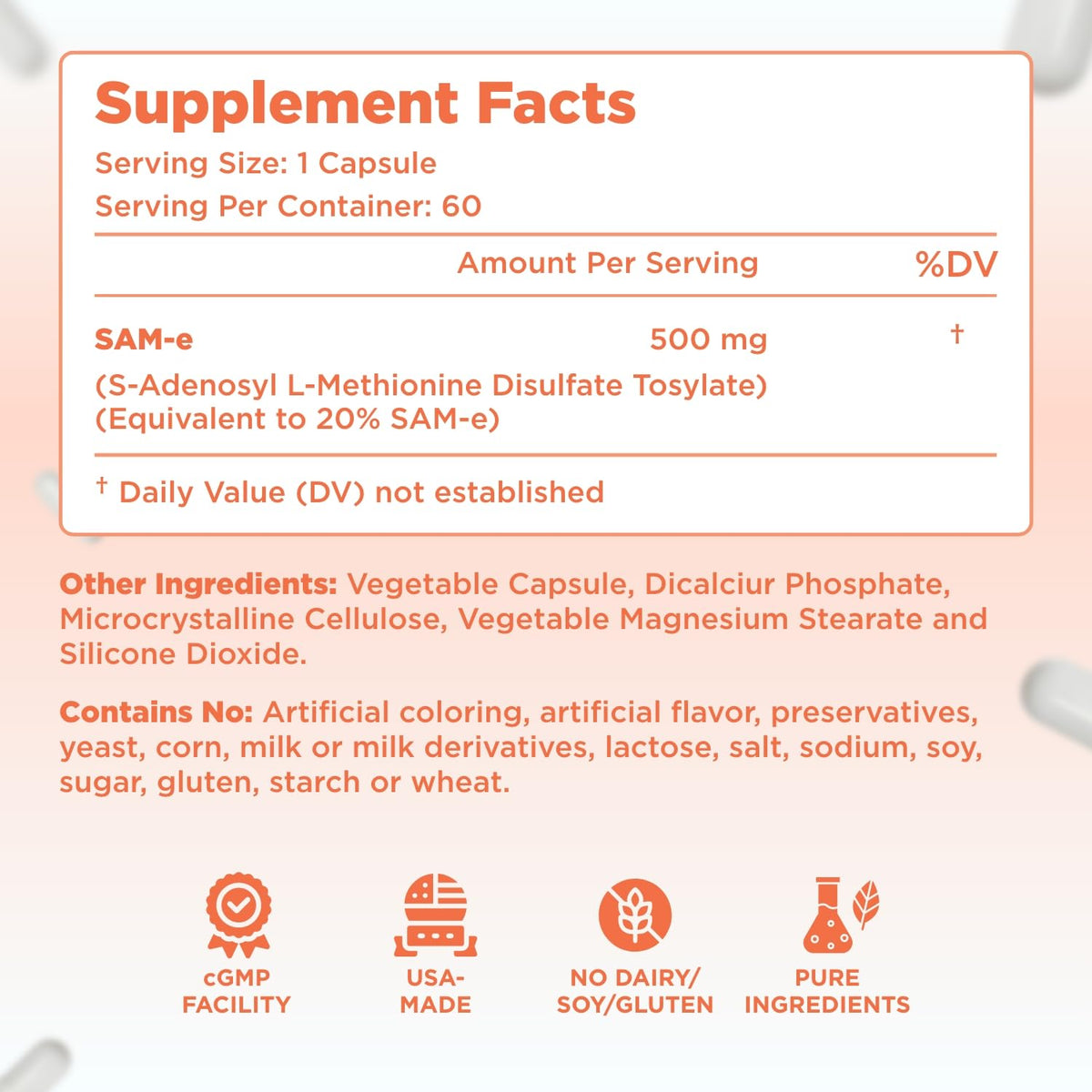 Clear Formulas SAM-e 500mg complément alimentaire avec étiquette détaillée