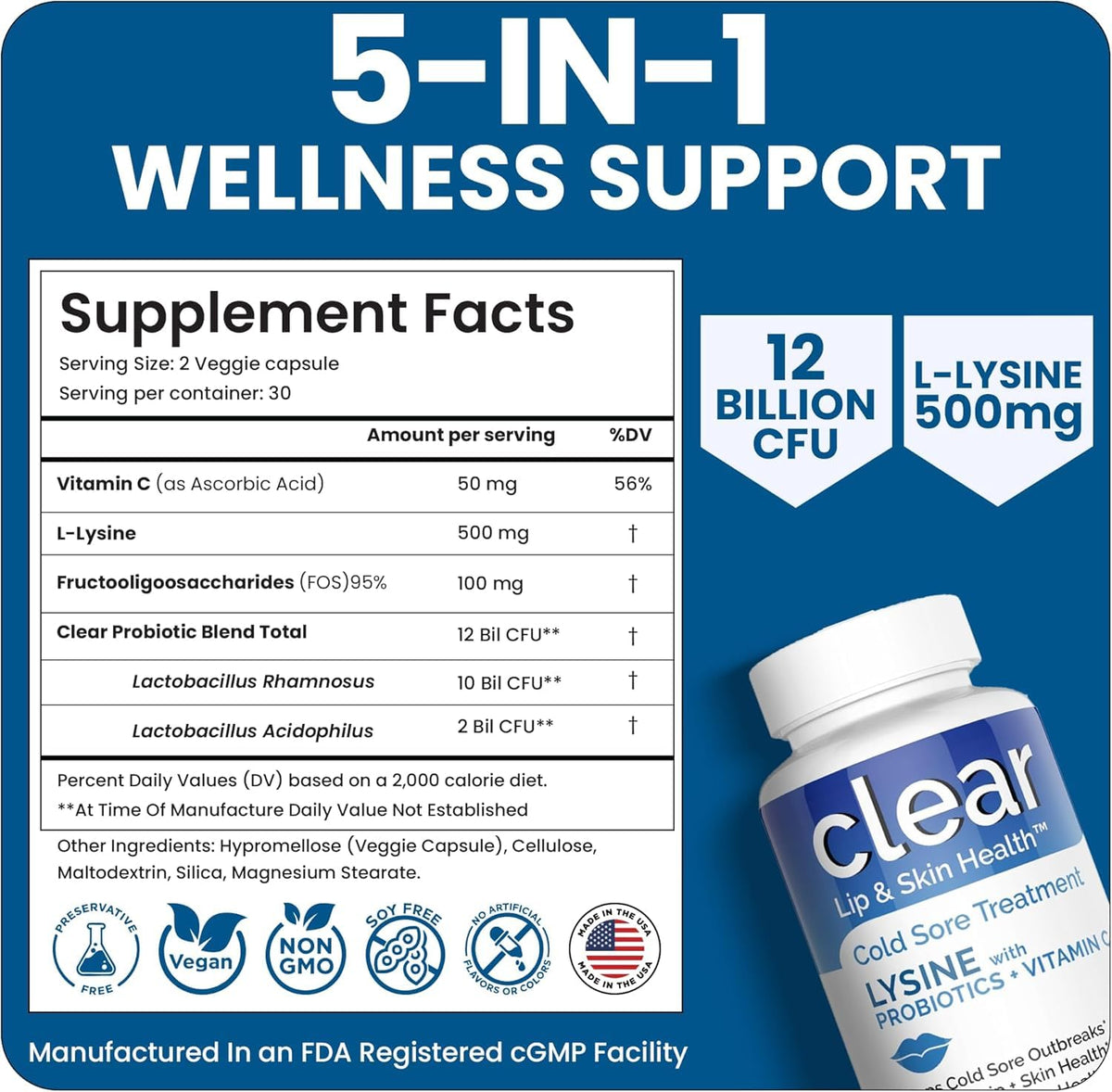 Clear Probiotics L-Lysine 3 Mois emballage et contenu