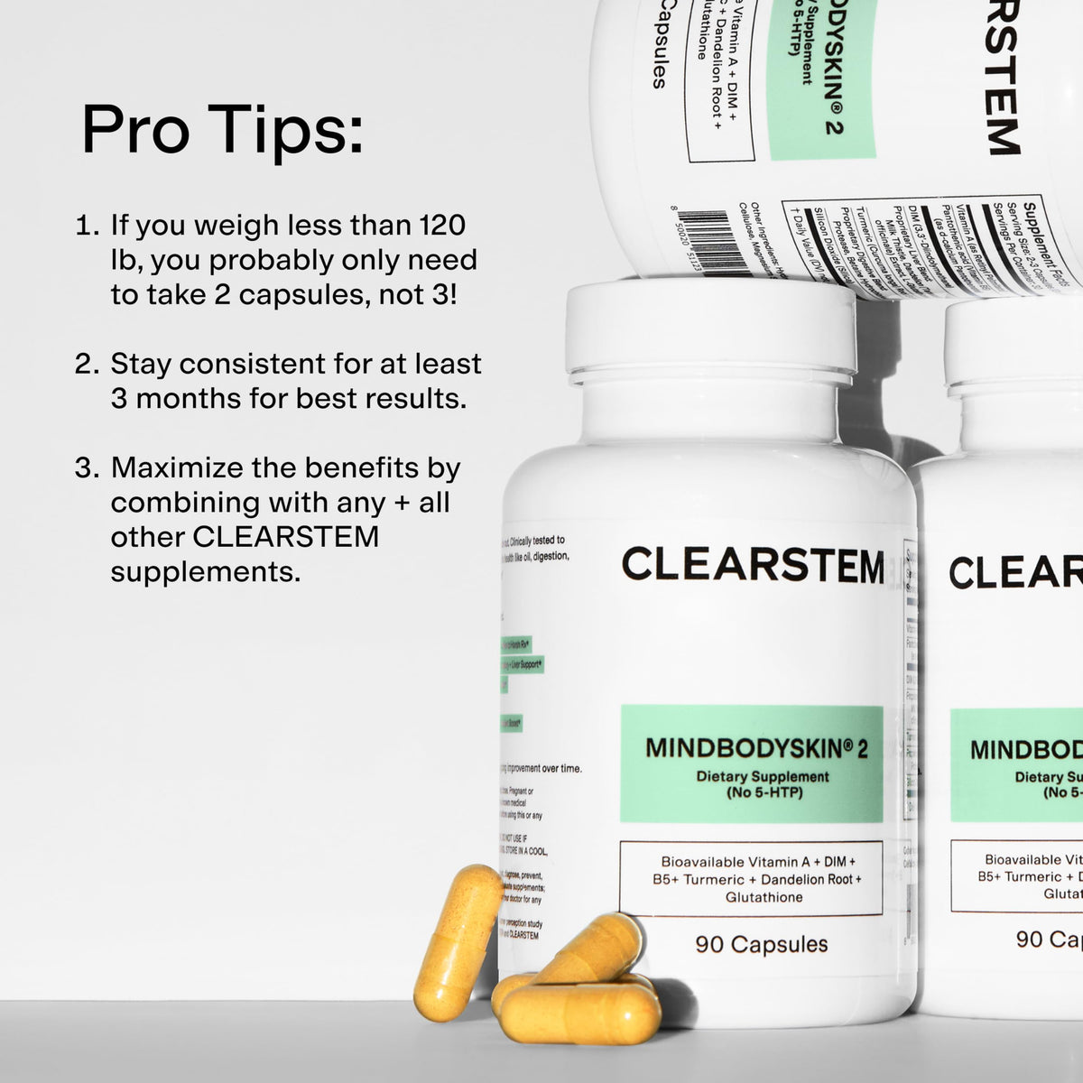 CLEARSTEM MINDBODYSKIN complément alimentaire 90 capsules à côté d'autres suppléments